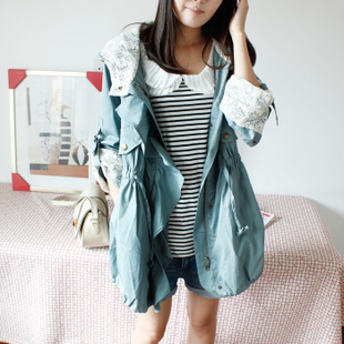 Drawstring casual slim waist ruffle lace with a hood two ways trench clothes outerwear female