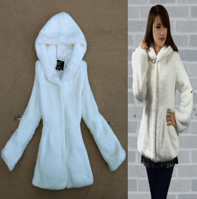 Drawstring hooded medium-long white fur pink princess slim rabbit fur outerwear Drop/Free Shipping