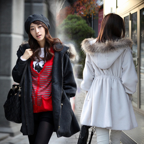 drawstring slim cotton cashmere raccoon fur trench Overcoat WOOL COAT