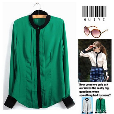 dree shipping 2013 spring New stitching black collar shirt cuffs stand-up collar long-sleeved OL style designer top ft096