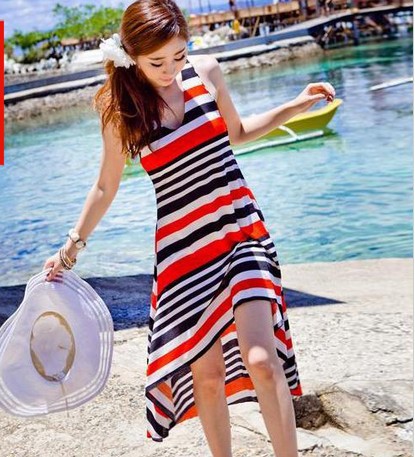 Dress honeymoon beach vacation beach darling Korean version of the red and black strip of beach skirt vest dress skirt women