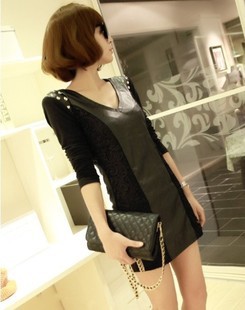 Dress octopussy fashion slim punk lace patchwork rivet long-sleeve leather one-piece dress