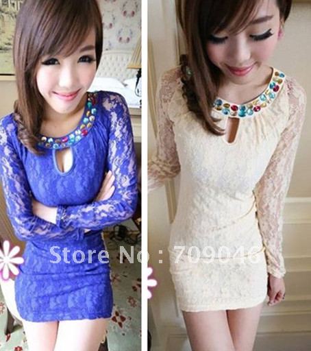 dresses Laciness lace top o neck hollow out show autumn long-sleeve ladies elegant slim beaded one-piece dress 12111722