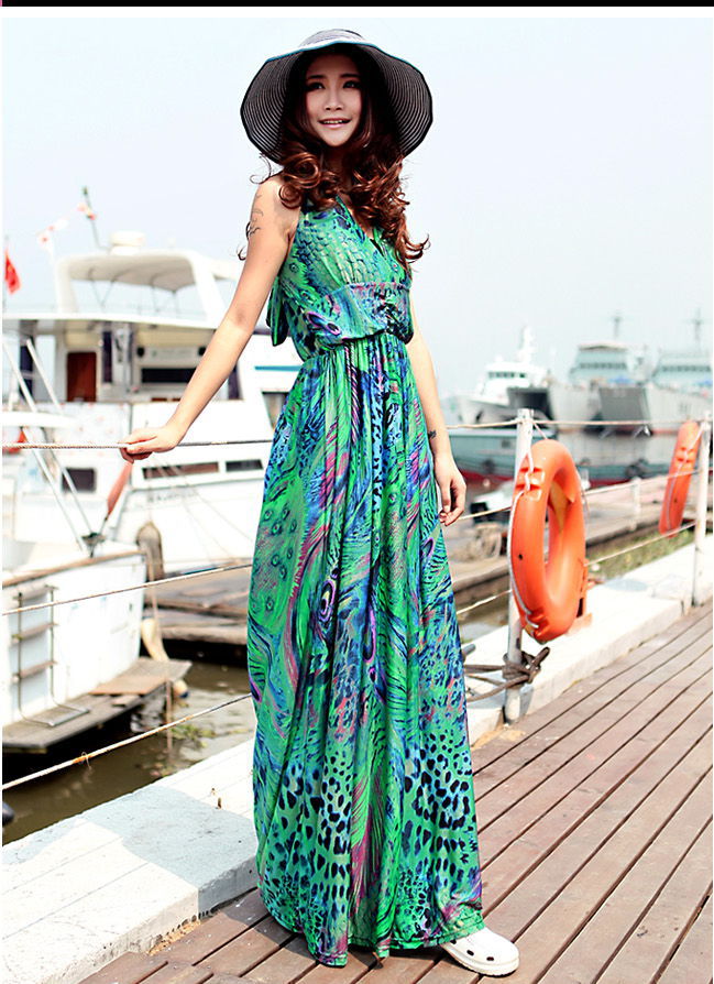 Dresses New fashion 2013 Bohemian Peacock Print Dresses for women Sexy V-Neckline Maxi backless summer dress 5pcs/lot