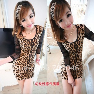 dressses Leopard lace sexy sleeve  leopard print sexy gauze long-sleeve patchwork one-piece dress basic shirt 12111721