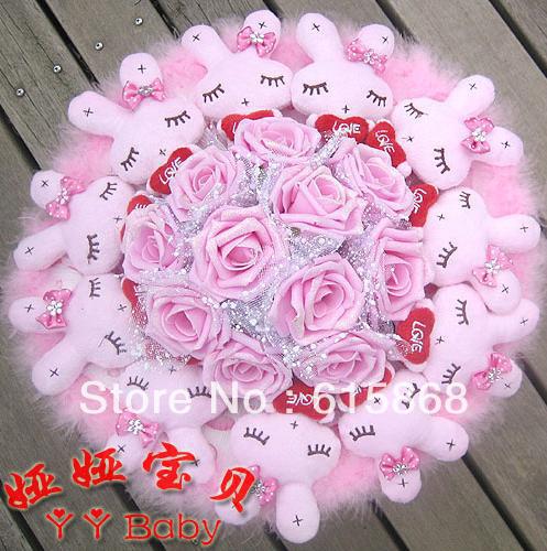 Dried flowers 11 Love Rabbit 11 gold dust rose cartoon bouquet Valentine's Day Gift free shipping ZA932