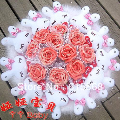 Dried flowers toy bouquet 11 Love Rabbit 11 gold powder rose cartoon bouquet for Christmas gifts free shipping ZA941