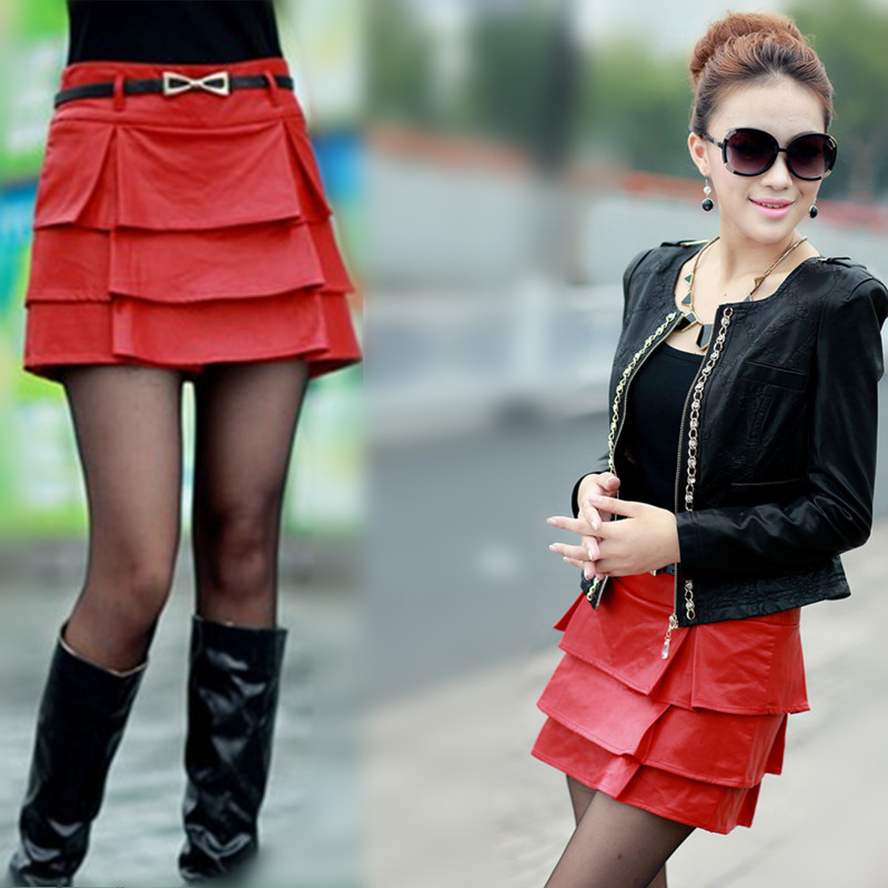 Drop/Free Shipping 2012 autumn women skirt half-skirt leather skirt ol bust skirt PU layered dress short skirt fashion