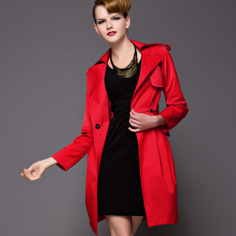 Drop/Free Shipping autumn red modern fashion slim waist lactophrys outerwear trench 282715