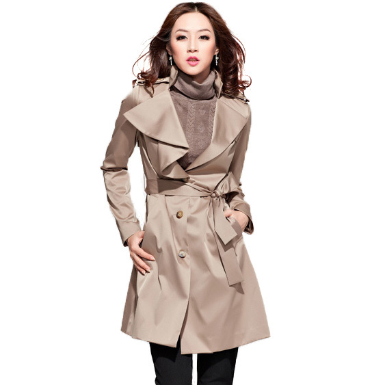 Drop/Free Shipping of autumn british style asymmetrical turn-down collar belt khaki long design trench outerwear 110642