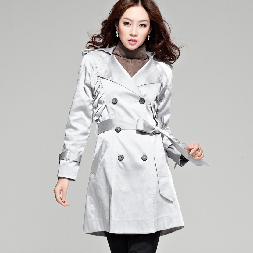 Drop/Free Shipping of autumn fashion pure silver grey double breasted women's medium-long trench outerwear 10802