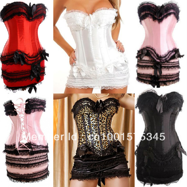 Drop Ship Burlesque Satin Lace up Boning Bustier Corset Dress Mini Skirt Clubwear Lingere Free Shipping