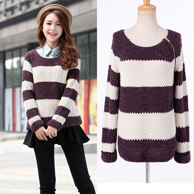 drop shipping 2012 female sweater outerwear zipper stripe loose pullover sweater female basic sweater female