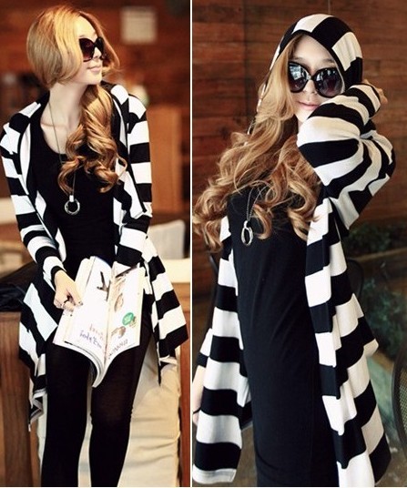 Drop shipping 2013  autumn new arrival female stripe cardigan casual elegant with a hood turn-down collar medium-long coat -jk