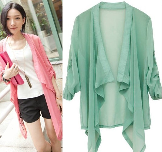 Drop shipping 2013  fashion irregular chiffon cardigan thin outerwear plus size chiffon shirt chiffon shirt long design -jk