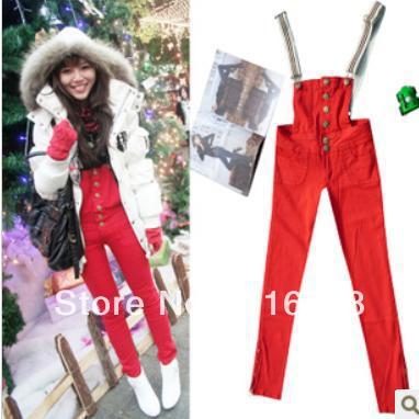 Drop shipping 2013 fashion red pencil pants vivi one-piece jeans slim hip bib pants bd-007