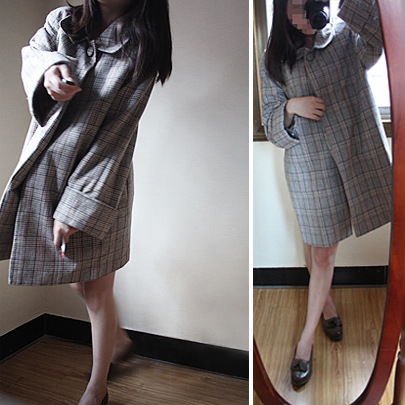 Drop shipping 2013 Fashion vintage women's loose wool trench outerwear plaid overcoat 1kg -jk