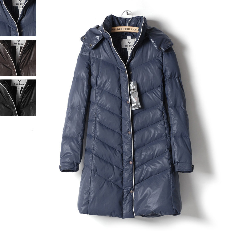 Drop shipping 2013 Hooded color block all-match female long design down coat down coat outerwear 0.88kg -jk