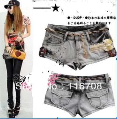 Drop shipping 2013 new arrival fashion women's gold belly chain rivet rhinestone slim grey denim shorts st-066