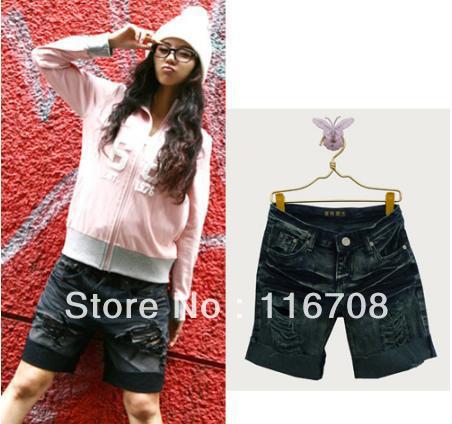 Drop shipping 2013 new arrival spring autumn women's black hole denim capris shorts st-075