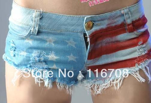 Drop shipping 2013 new arrival women's fashion flag print hole ultra-short elastic slim hip denim shorts st-067