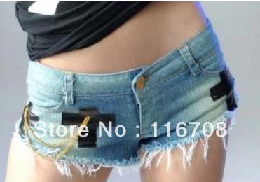 Drop shipping 2013 new arrival women's patchwork gold chain ultra-short elastic slim hip denim shorts st-050