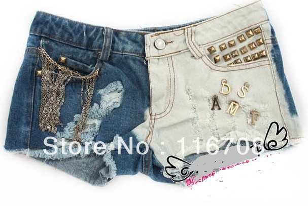 Drop shipping 2013 new arrival women's rivet tassel chain color block decoration hole denim shorts st-068