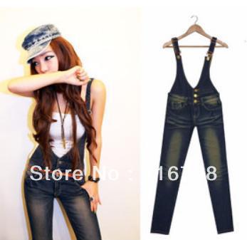 Drop shipping 2013 new arrival women's sexy slim hip fashion elastic denim bib pants bd-006