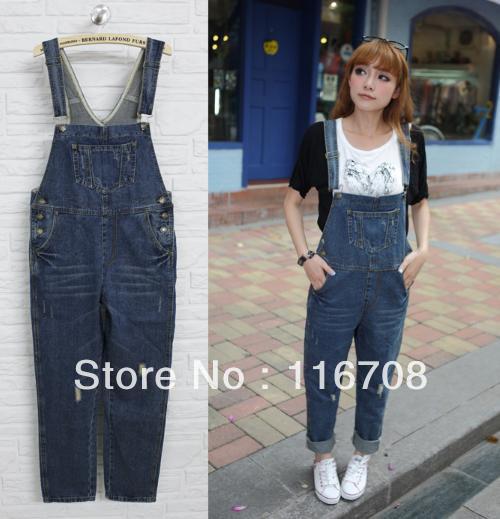 Drop shipping 2013 new arrival women's water wash distrressed casual denim bib pants trousers overalls rompers bd-001