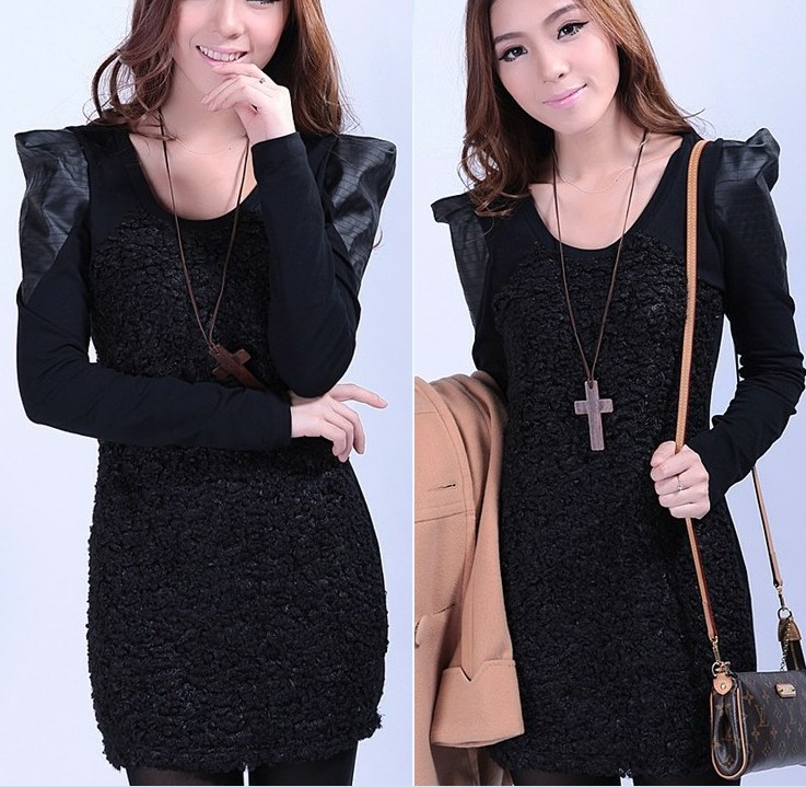 Drop shipping 2013  patchwork fashion shoulder pads leather basic slim patchwork long-sleeve dress 5128 -sk