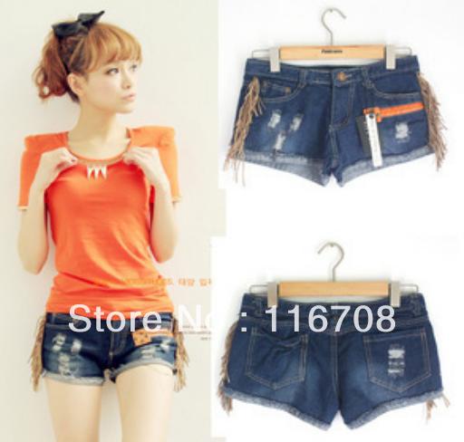 Drop shipping 2013 spring and summer new arrival women's both sides of the tassel patchwork denim shorts st-061