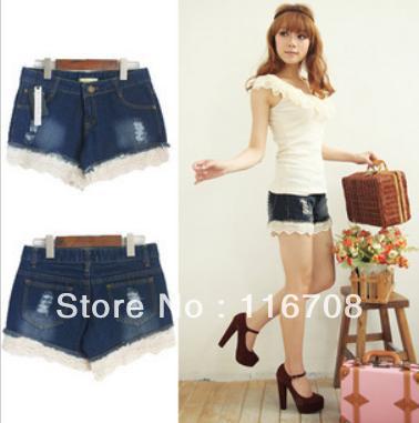 Drop shipping 2013 spring and summer new arrival women's lace decoration hole slim denim shorts st-072