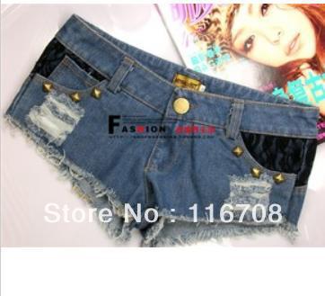 Drop shipping 2013 spring autumn and winter distrressed hole lace patchwork rivet denim shorts b small shorts st-096