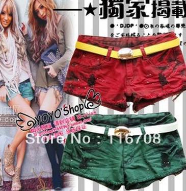 Drop shipping 2013 spring summer women's tie-dyeing hole denim slim shorts sly red green st-054