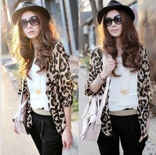 Drop shipping 2013  spring women's fashion sexy leopard print thin chiffon shirt cardigan three quarter sleeve short -tx