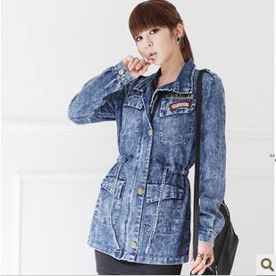 Drop shipping 2013  vintage drawstring slim denim trench outerwear slim waist medium-long denim -jk