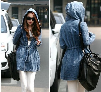 Drop shipping 2013  water wash denim fashion lacing ultralarge cap slim waist trench outerwear -jk