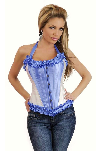 Drop shipping! cute lady blue/yellow sexy corset cheap ruffles overbust push up corsets lace bustiers lingerie set 4171