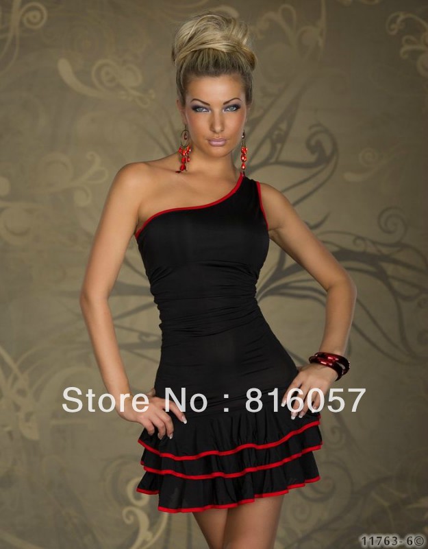 Drop shipping! Dresses new fashion,one-shoulder fashion skirts,ruffles designer knee-length dress,black and red
