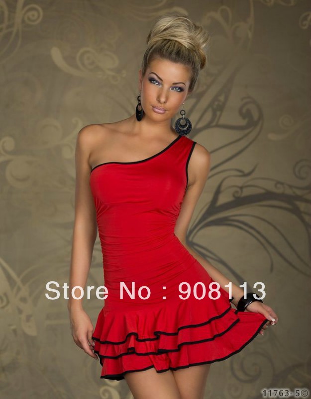Drop shipping!Dresses new fashion ,one-shoulder fashion skirts,ruffles designer knee-length dress,black and red