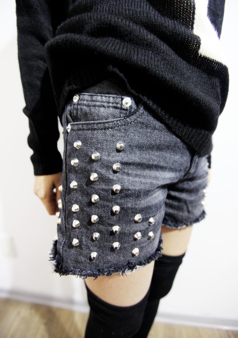 drop shipping Ez14 retro finishing rivet denim shorts vintage distrressed dark color jeans female