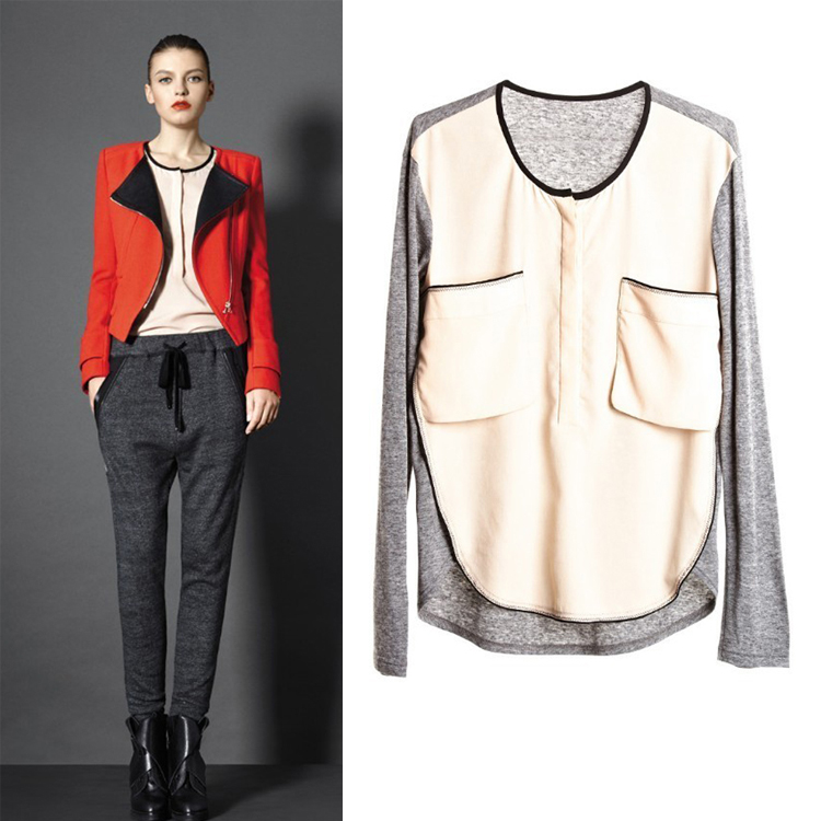 drop shipping Fashion winter o-neck big pocket color block chiffon patchwork sweater shirt long-sleeve shirt