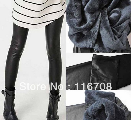 Drop shipping New arrival infrared coral fleece thickening thermal faux leather leggings ankle length trousers pants lg-038