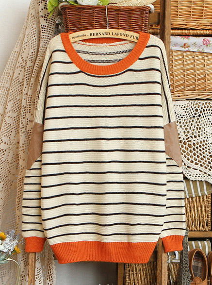 drop shipping Patch solid pullover o-neck long-sleeve loose sweater color block decoration stripe sweater outerwear female