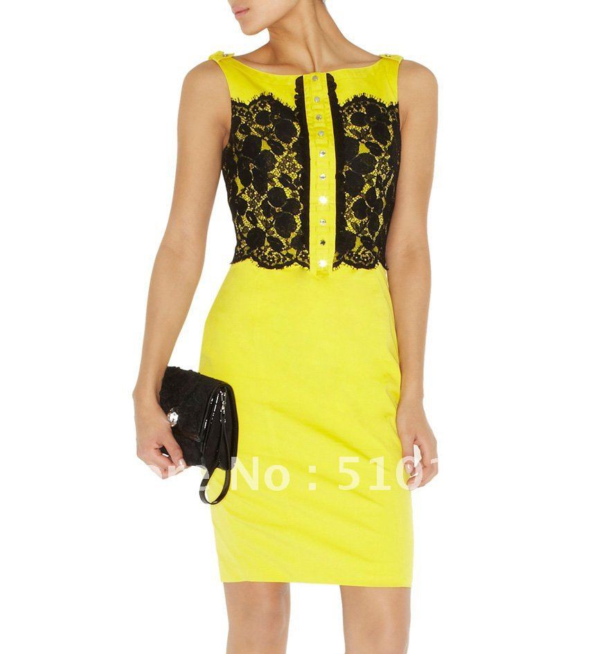 drop shipping Pencil Dress with scalloped French Lace and Georgette Frills Women Dresses evening Sleeveless Yellow Wholesale