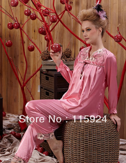 Drop shipping Pink CPA Women's faux silk embroidered MPV-sleeve sleepwear pajama pants twinset size M L XL 83844
