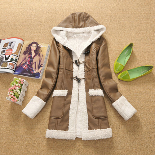 Drop shipping Winter female horn button medium-long PU clothing outerwear thickening berber fleece wjk