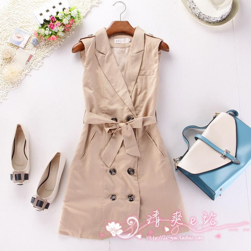 drop shipping Women's autumn ol sleeveless trench outerwear solid color medium-long skirt belt trench outerwear