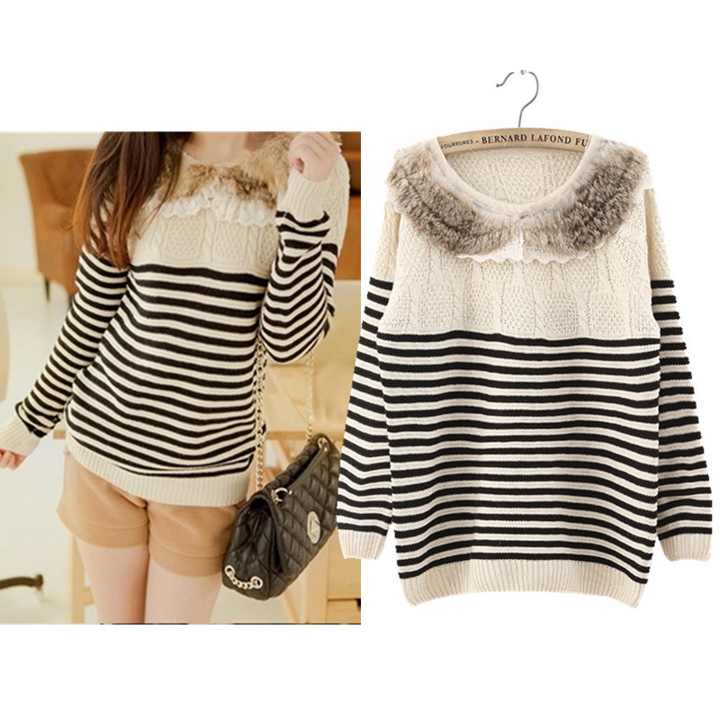 drop shipping Women's peter pan collar stripe loose pullover sweater female sweater outerwear basic sweater