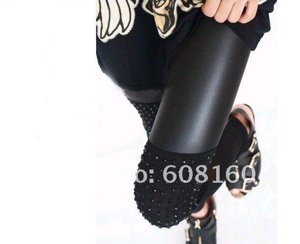 Drop Shippinghotting sexy imitation leather rivet pants for women slim fit leggings women's stretch pants free shipping Wholesa